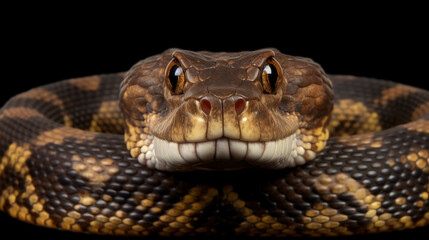 A snake coils around itself, head forward, displaying a menacing expression.
