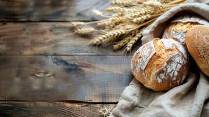 Bread and wheat stalks on a rustic wooden table, room for text