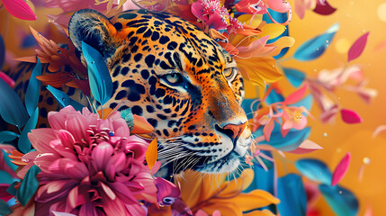 A majestic jaguar, with orange, black and white fur, stares intensely through a vibrant jungle of pink, blue and yellow flowers. 

