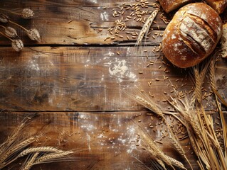 Bread and wheat stalks on a wooden table, space for text