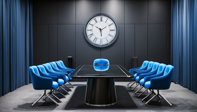 A sophisticated conference room with a black marble table, blue velvet chairs, a large wall 