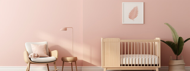 Minimalist nursery design with pink, white, and wood tones, showcasing a crib, armchair, and plant, perfect for newborn baby arrival announcements. 