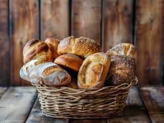 Bread basket with assorted loaves on a wooden background, copy space