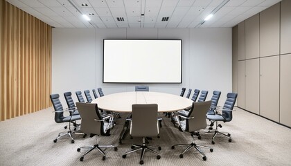 A white screen mockup in a corporate conference room with standard office chairs, a large oval table in the center, creating a professional and minimalist atmosphere.