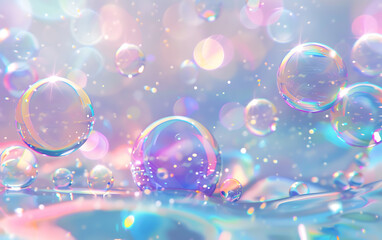 Pastel rainbow bubbles floating water surface dreamy ethereal spring background
