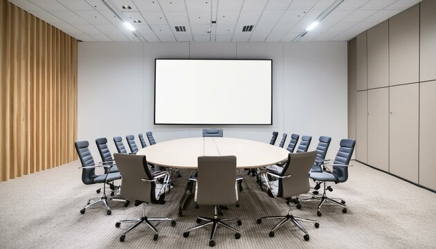 A white screen mockup in a corporate conference room with standard office chairs, a large oval table in the center, creating a professional and minimalist atmosphere.