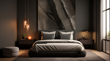 Modern dark grey bedroom interior design gray beige tones calm relaxing mood.
