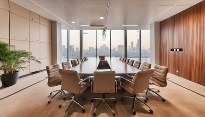  An elegant conference room with a dark walnut table, comfortable grey fabric chairs, and flo 