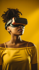 Woman yellow VR headset virtual reality technology future innovation.
