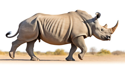 Obraz premium A majestic white rhino strides through the African savanna, showcasing the power and beauty of endangered wildlife. 