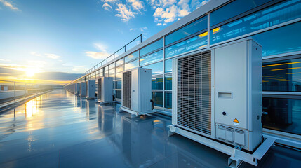 Industrial air conditioning equipment HVAC: Heating, Ventilating, Air Conditioning system. Modern rooftop HVAC units at sunrise on a commercial building. Clean, reflective surface with blue sky.