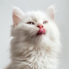 White fluffy cat licking its nose. Adorable feline close-up. Playful and cute kitty expression.