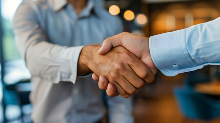 Handshake between two men in blue shirts symbolizing business partnership and success. 
