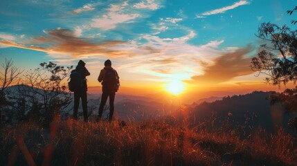 Fototapeta premium Two hikers watching a breathtaking sunset from a mountaintop, enjoying the vibrant colors and serene atmosphere of the landscape.