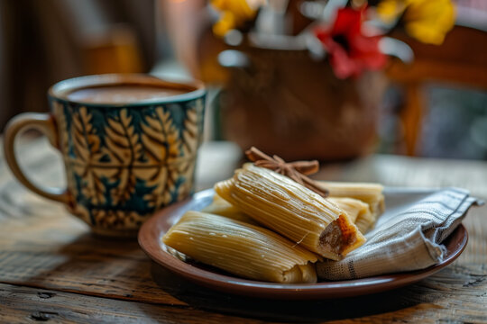 Tamales served with traditional Mexican hot chocolate, side view, Nikon Z7 II, 24-70mm f/4 lens, warm color filter