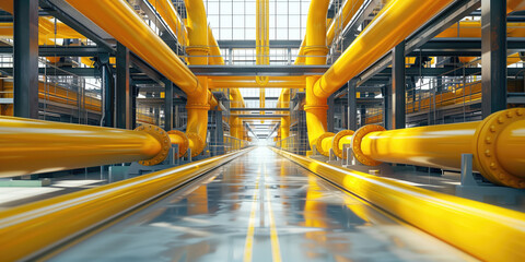 Interior of a modern industrial facility with large yellow pipes. Advanced infrastructure and engineering. Yellow gas pipes close-up.