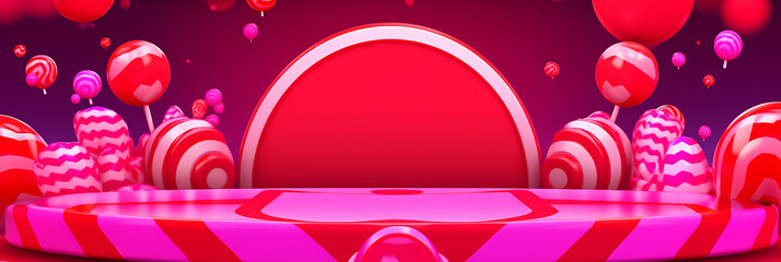 A pink and red candy themed background with a platform for product display, perfect for Valentine's Day promotions. 