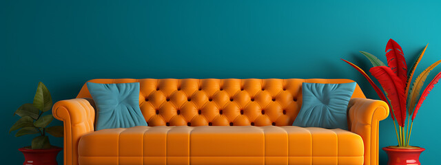 Orange sofa, teal wall, red plant,  modern minimalist living room design,  inviting and comfortable space. 