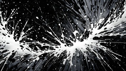 Obraz premium Black and white abstract painting with explosive white paint splatters on dark background