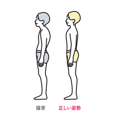 シンプル　イラスト　正しい姿勢の男性と猫背の男性