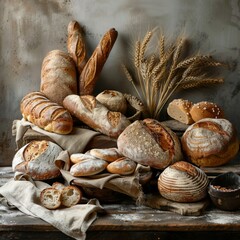 Rustic bakery setup with assorted bread on a wooden surface