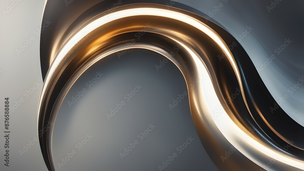 Poster golden and silver abstract 3d rendering of a curved shape with a glowing outline against a gray back