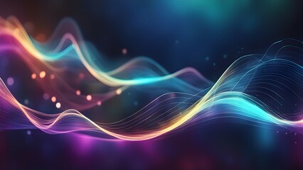 Obraz premium Multicolor glowing neon light waves with shiny particles on dark blue background