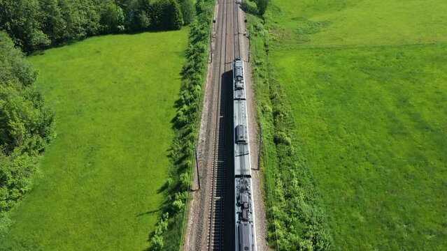 Aerial view of a passenger train, western railway line near Stra&szlig;walchen, Salzburg, Austria, Europe