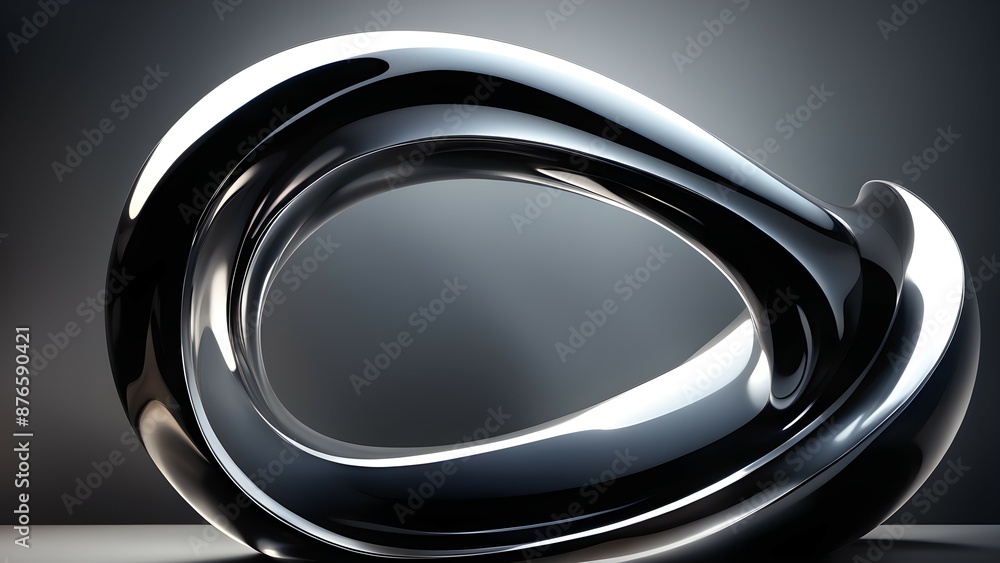 Poster abstract 3d rendering of a fluidic metal sculpture with a reflective surface and a dark background.