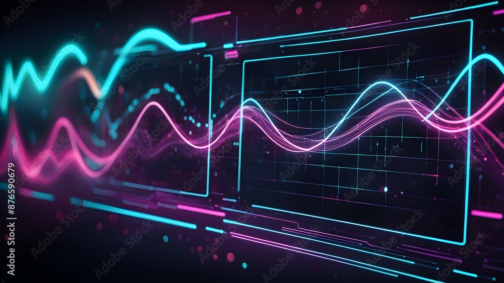 Poster futuristic visualization of stock market data analysis with glowing neon wave lines and grid interfa