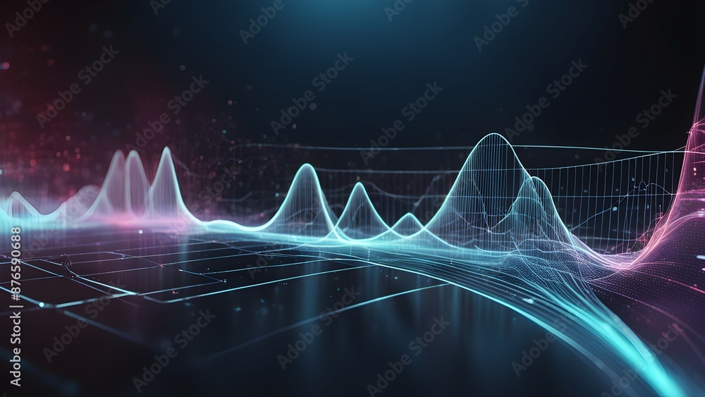 Poster abstract visualization of data analysis with glowing neon blue and pink wave pattern on a futuristic