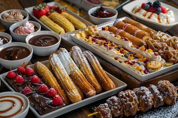 Churro dessert platter with various toppings and presentation styles, wide angle view, Fujifilm GFX 100S, 32-64mm f/4 lens, HDR technique
