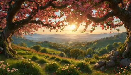 Spring Landscape With Blooming Cherry Tree.