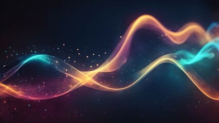 Fototapeta premium Glowing neon light waves with vibrant particles on dark blue background