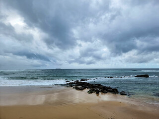 Deserted Nobbys Beach Newcastle New South Wales on a Cold Winter's Day. Grey Cloudy Sky