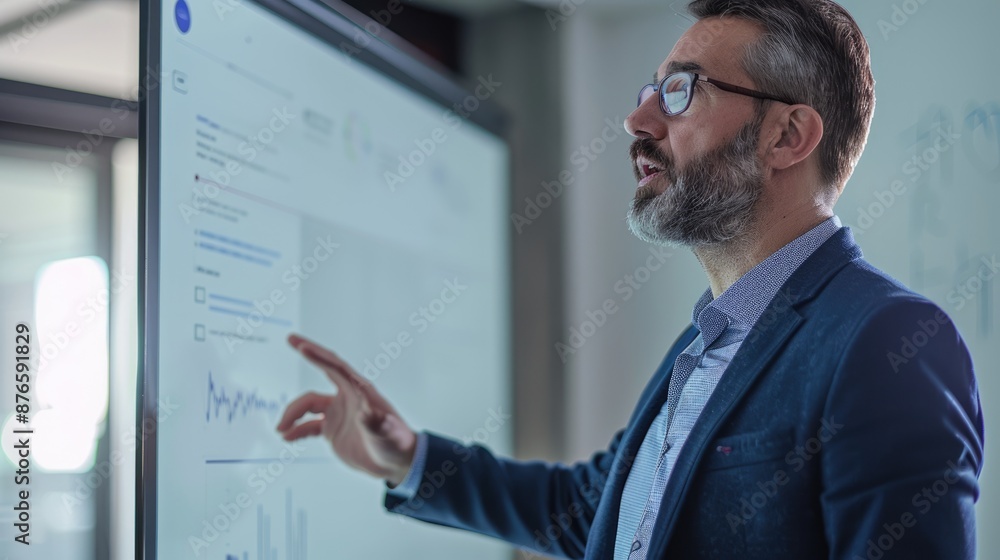 Poster a man uses a futuristic touchscreen interface displaying complex data and analytics in a high-tech s