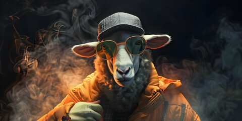 Stylish sheep wearing sunglasses and a cap with a smoke background, showcasing a unique and creative fashion concept.