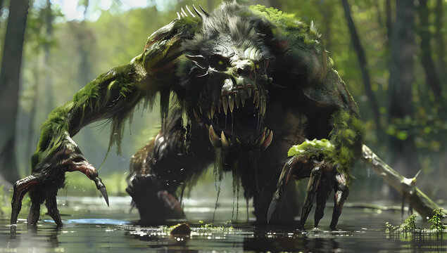 Terrifying swamp monster emerging from water, covered in moss, with sharp claws and teeth. Ominous and haunting creature in natural setting.