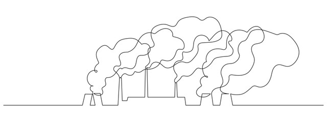 One continuous line drawing of factory Industrial plant. Abstract cooling towers of power station symbol in simple linear style. Editable stroke. Doodle vector illustration