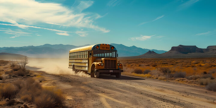 Vintage yellow school bus driving on a dusty desert road with mountains in the background under a clear blue sky.