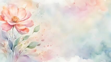 Delicate watercolor floral background in soft pastel hues with a large pink flower and green leaves.
