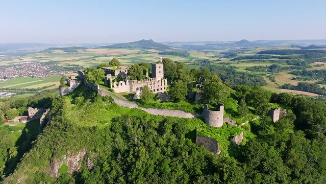 Aerial view of the volcanic cone Hohentwiel with Germany's largest fortress ruins, on the horizon the Hohenstoffeln and Hohenhewen, district of Constance, Baden-W&uuml;rttemberg, Germany, Europe