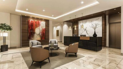 Contemporary workplace interiors are sleek and modern, emphasizing clean lines, bold artwork, glass elements, and innovative furniture designs for a stylish environment.
