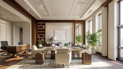 Transitional workplace interiors blend traditional charm with contemporary flair, showcasing balanced decor in neutral tones, with modern and classic furnishings.
