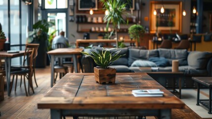 Obraz premium Create a warm and inviting rustic workplace interior with natural wood and stone materials, handcrafted furniture, cozy textiles, and earthy color palettes. 
