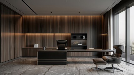 Fototapeta premium A minimalist workplace interior style emphasizes simplicity and functionality with neutral colors, open spaces, simple furniture, and a clutter-free environment. 