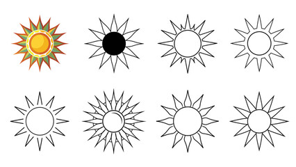 Collection of Sun Icon Variations in Color and Black-and-White
