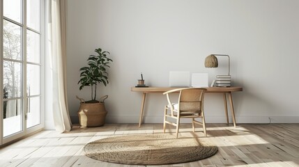 Scandinavian home office interiors are light and airy, emphasizing functionality with natural materials, simple lines, and a neutral palette accented by soft pastels.
