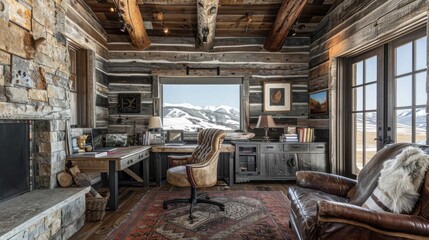 Explore the rustic home office style: warm, cozy ambiance with natural wood, stone elements, earthy tones, and comfy, overstuffed furniture for a tranquil workspace.
