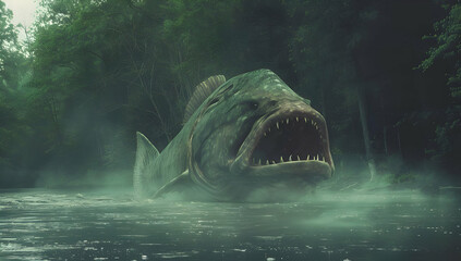 Obraz premium A terrifying giant fish monster emerging from the misty water in a dark, eerie forest scene, creating a sense of suspense and danger.